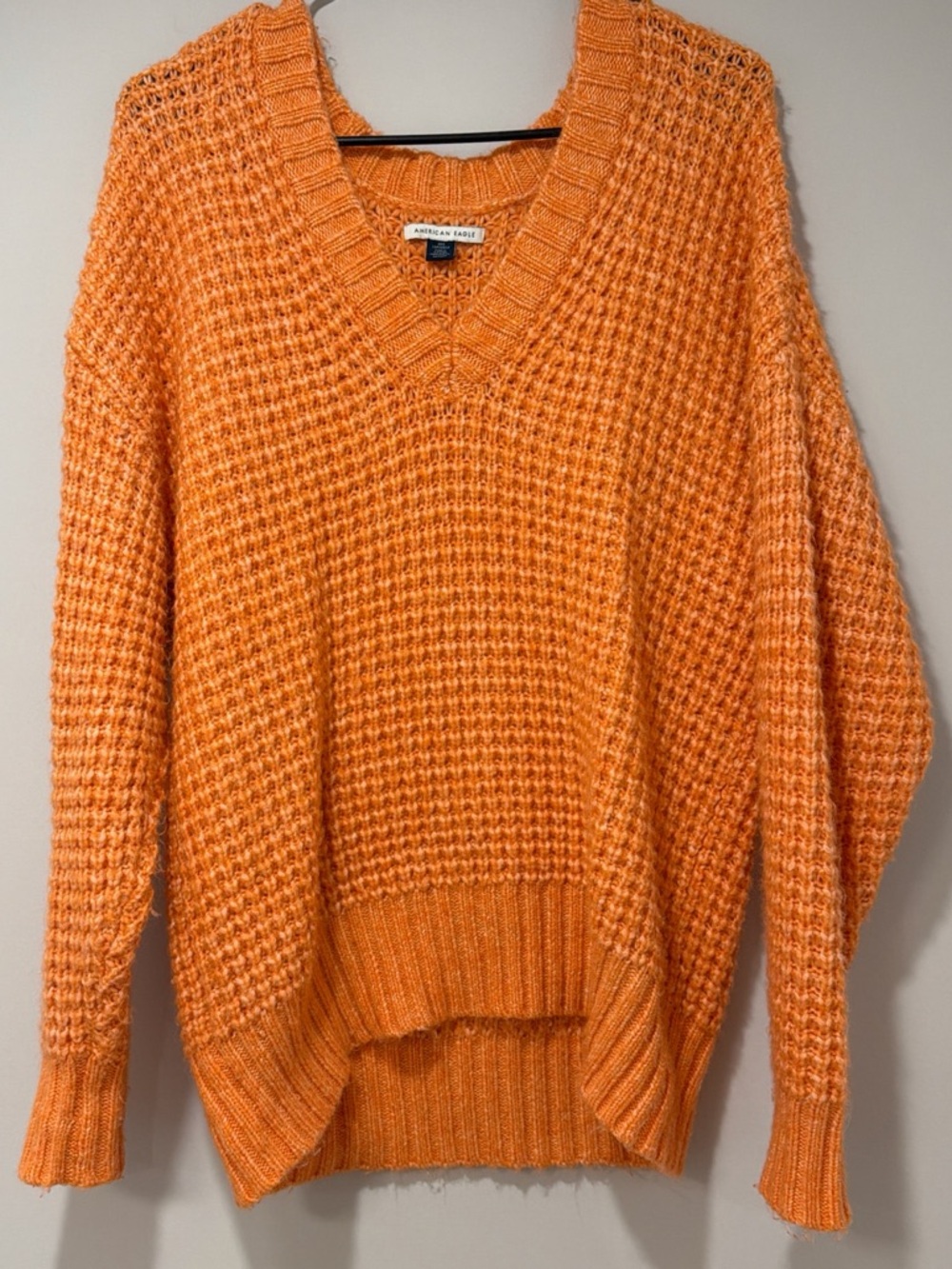 American Eagle Outfitters Orange V-Neck Waffle Knit Pullover Sweater